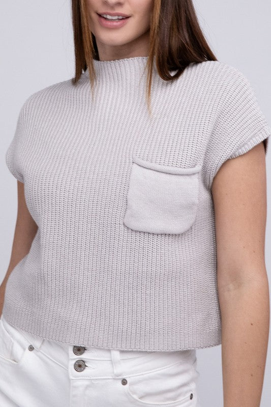 Mock Neck Short Sleeve Cropped Sweater  ZENANA BONE S 