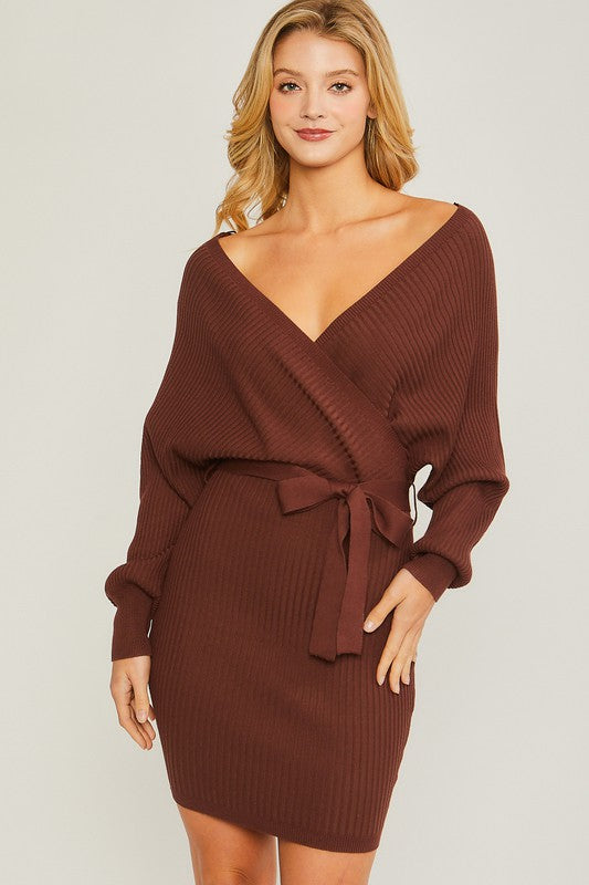 Love Tree Off Shoulder Wrap Knit Mini Dress Dresses RYSE Clothing Co. Brown S 