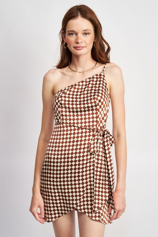 Emory Park One Shoulder Wrap Mini Dress Dresses RYSE Clothing Co. Brown S 