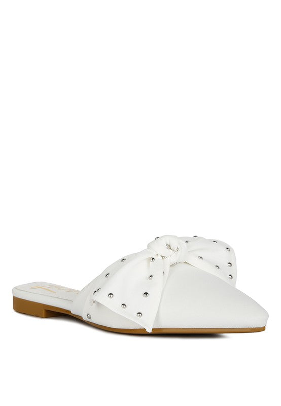 Mahalia Studded Bow Flat Mules Shoes RYSE Clothing Co. White 6 
