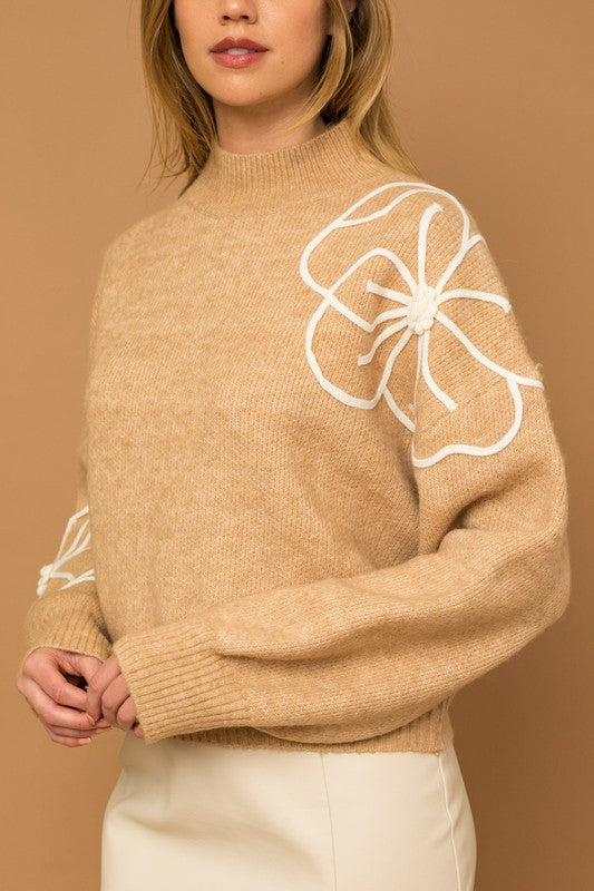 Gilli Flower Embroidered Mock Neck Sweater Shirts & Tops RYSE Clothing Co. Taupe-Ivory S 