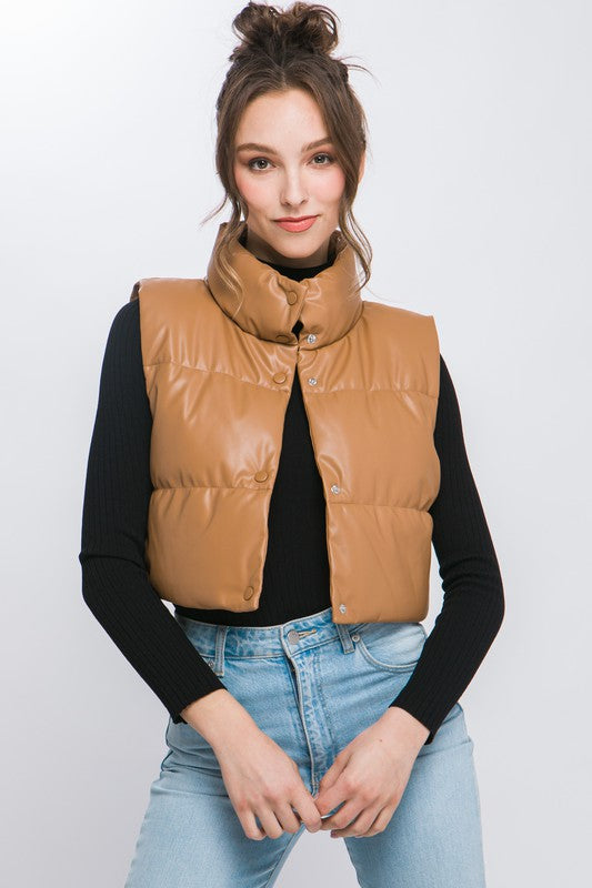 Love Tree Vegan Leather Cropped Puffer Vest vests RYSE Clothing Co.   