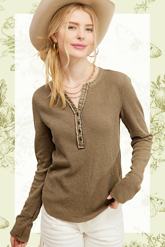 La Miel Button Front Waffle Knit Top Shirts & Tops RYSE Clothing Co. Faded Olive S 