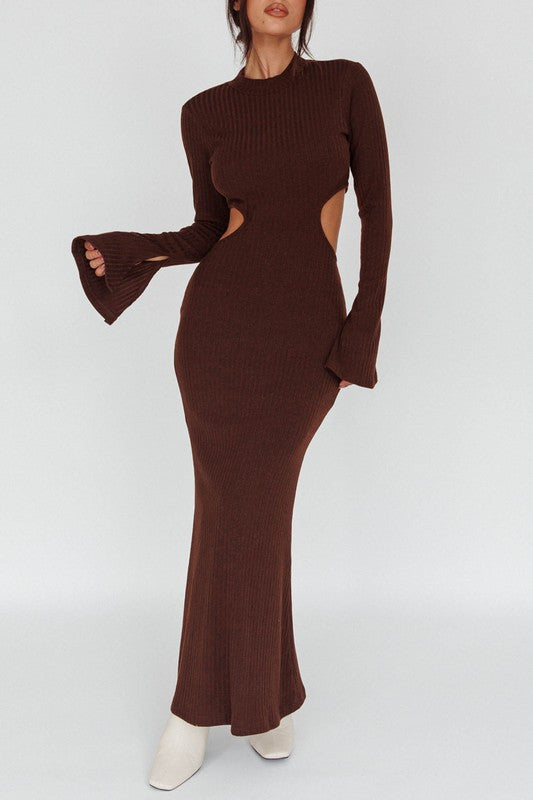 One & Only Collective Flare Sleeve Knit Maxi Dress Dresses RYSE Clothing Co. Chocolate Brown XS 