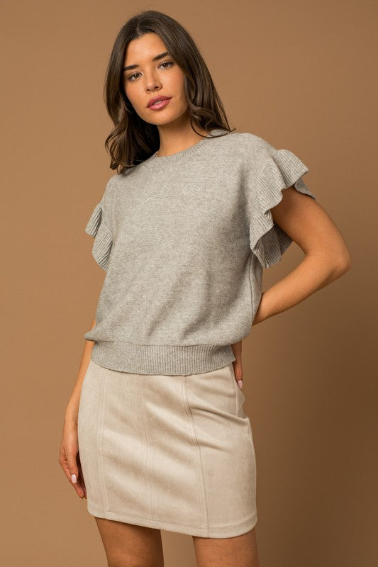 Gilli Ruffle Sleeve Knit Top Shirts & Tops RYSE Clothing Co. Heather Grey S 