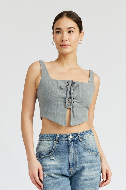 Emory Park Square Neck Lace Front Crop Top Shirts & Tops RYSE Clothing Co. GREY S 