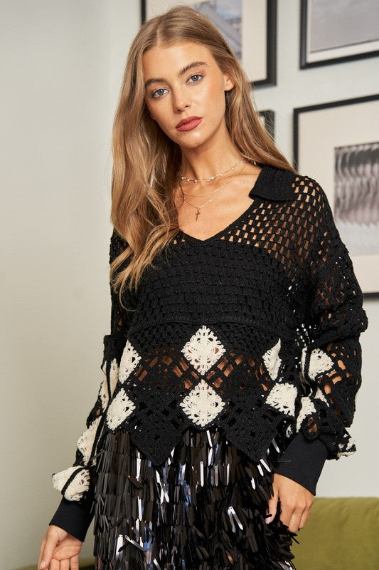 Davi & Dani Crochet Openwork Sweater Shirts & Tops RYSE Clothing Co. Black S/M 