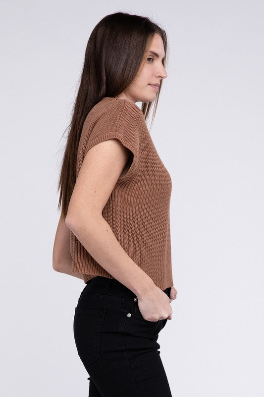Mock Neck Short Sleeve Cropped Sweater  ZENANA   