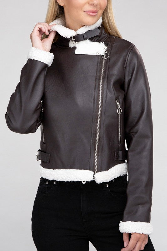 Teddy Trimmed Vegan Leather Jacket Coats & Jackets RYSE Clothing Co.   