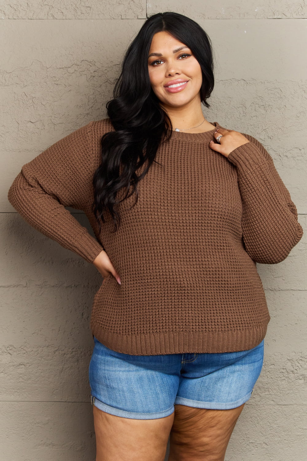 Zenana High Low Waffle Knit Sweater Shirts & Tops RYSE Clothing Co. Chestnut 1XL 