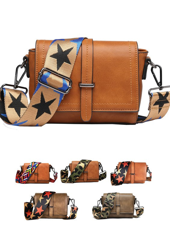 Eye On The Prize Wide Strap Crossbody  RYSE Clothing Co. Tan/Blue Star Strap  