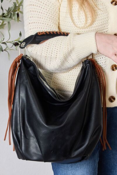 Fringe Detail Contrast Handbag Handbags RYSE Clothing Co. Black One Size 