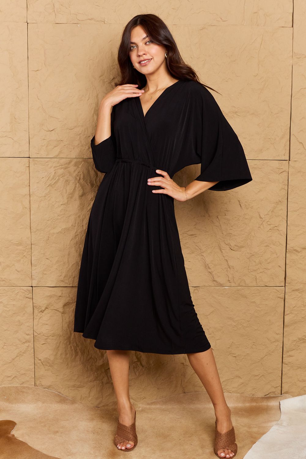 OneTheLand Solid Surplice Midi Dress Dresses RYSE Clothing Co. Black S 