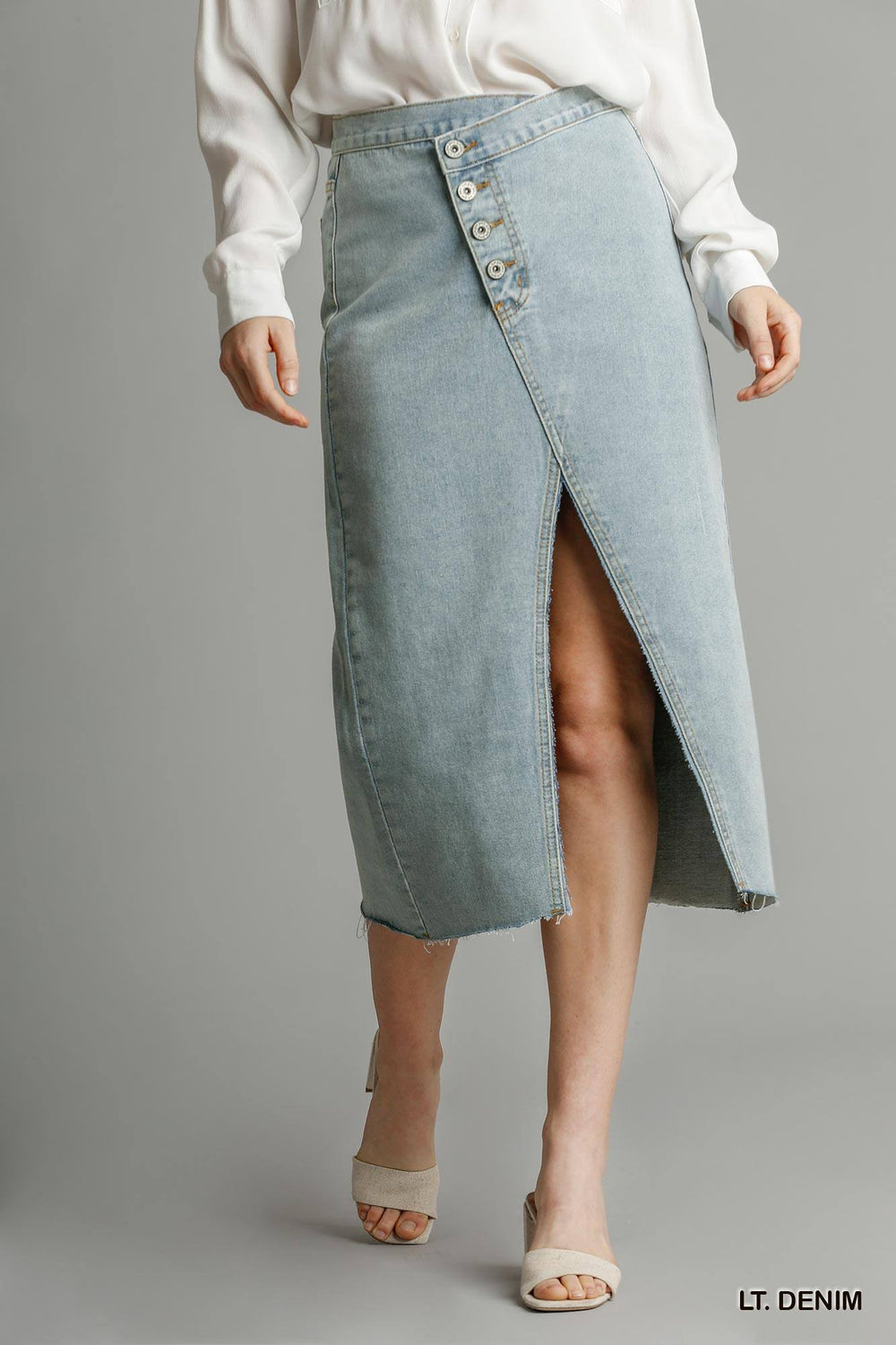 Umgee Asymmetrical Waist Midi Denim Skirt - Light Wash  RYSE Clothing Co.   