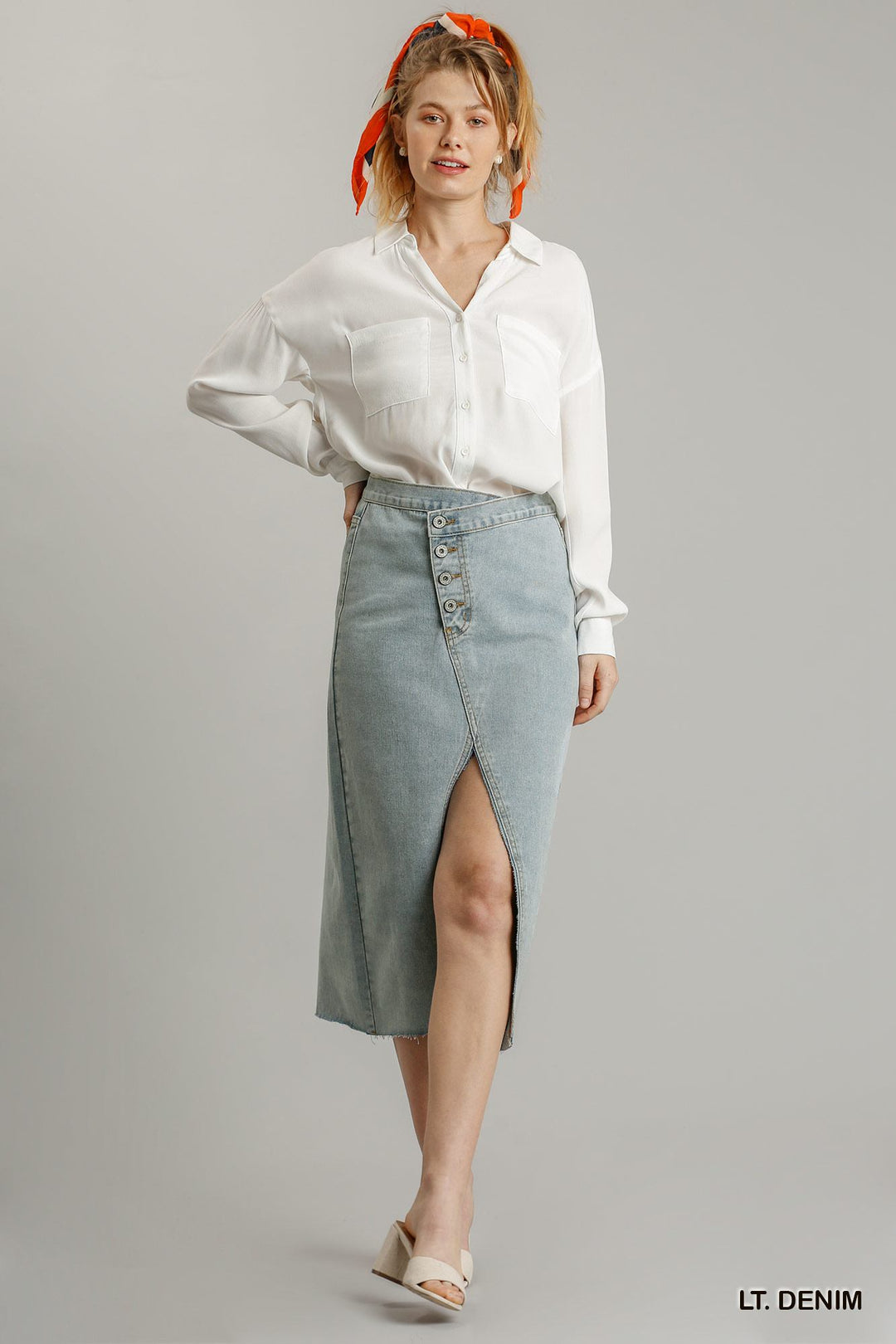 Umgee Asymmetrical Waist Midi Denim Skirt - Light Wash  RYSE Clothing Co. S  