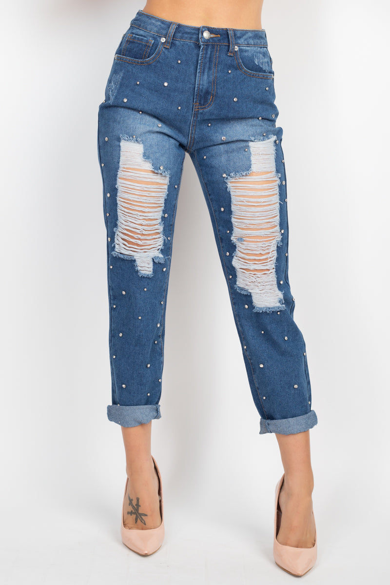 Rhinestone Studded Distressed Jeans Jeans RYSE Clothing Co.   