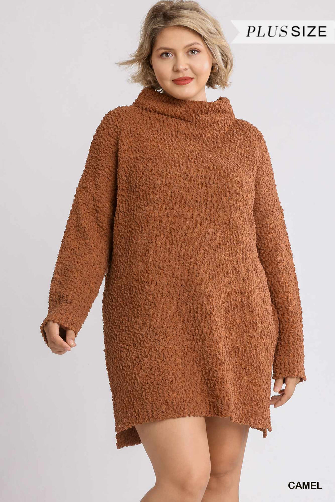 Umgee Melanie Cowl Neck Bouclé Sweater Dress - Camel  RYSE Clothing Co. XL  