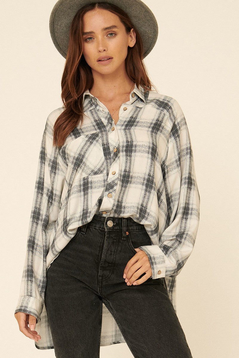 Promesa Oversized Plaid Button Down Shirt Shirts & Tops RYSE Clothing Co. S Grey 