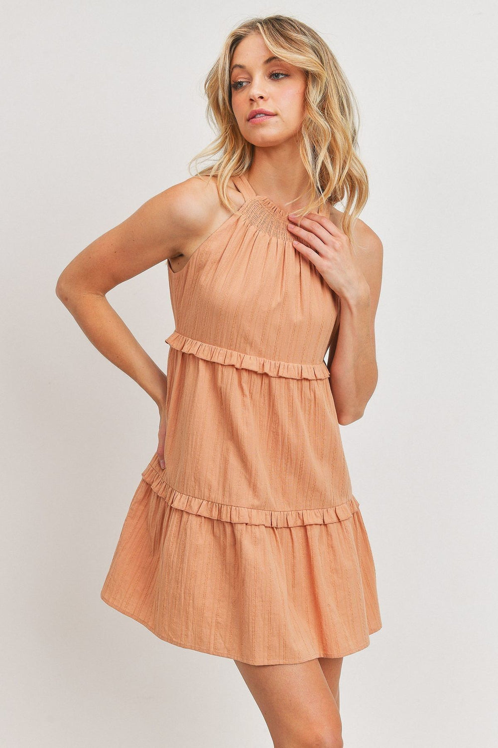 Paper Crane Textured Woven Tiered Mini Dress Dresses RYSE Clothing Co. S Blush 