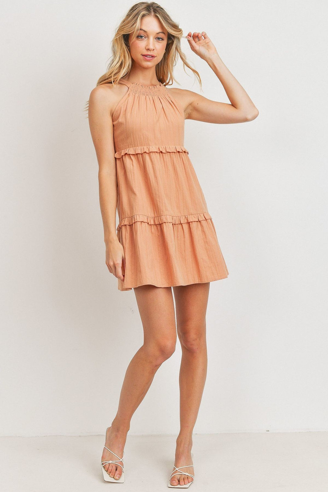 Paper Crane Textured Woven Tiered Mini Dress Dresses RYSE Clothing Co.   