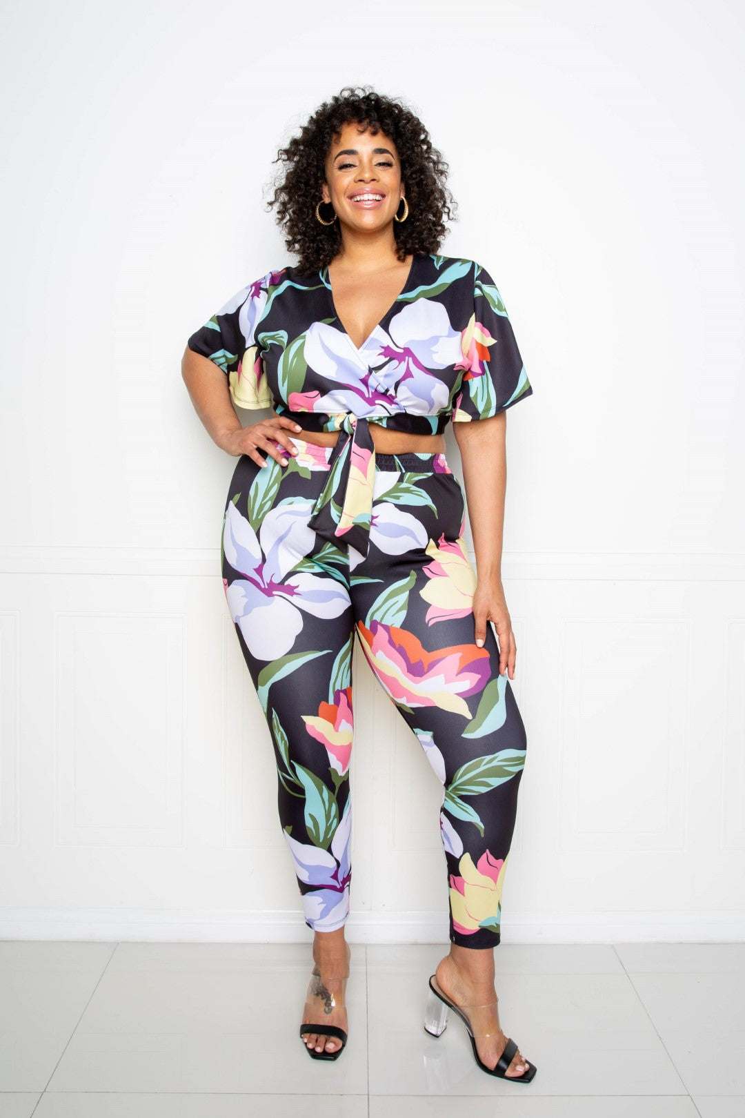 Buxom Couture Mai Tai Floral Pants & Crop Top Set Outfit Sets RYSE Clothing Co. 1XL Multi/Black 