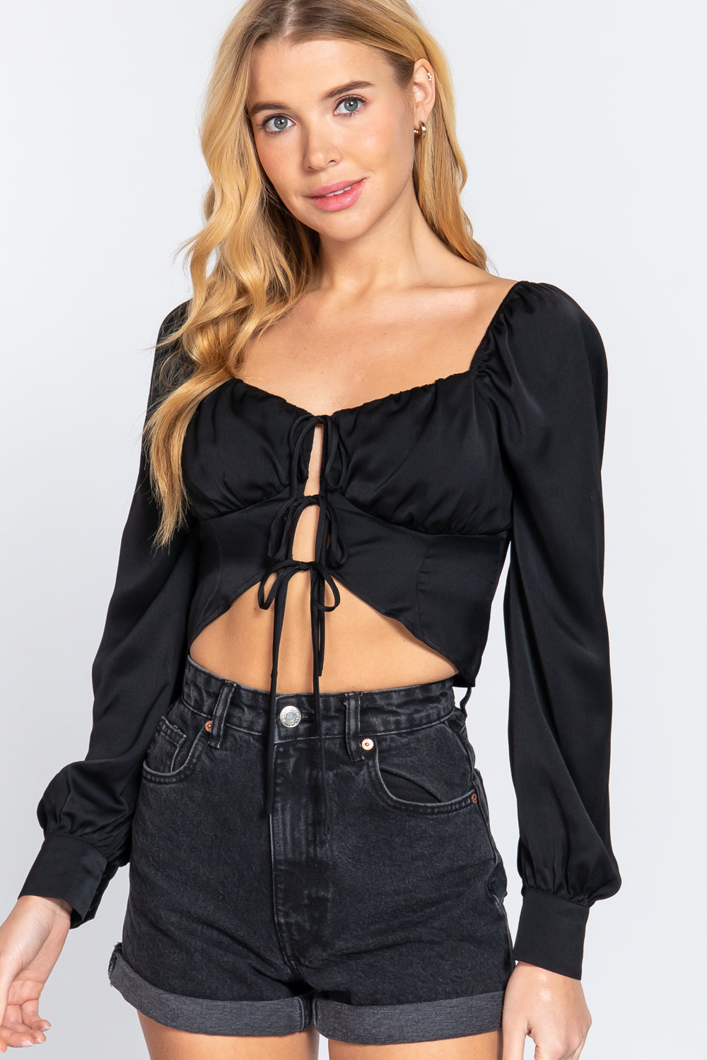 Active Basic Tie Front Cropped Blouses Shirts & Tops RYSE Clothing Co. Black S 
