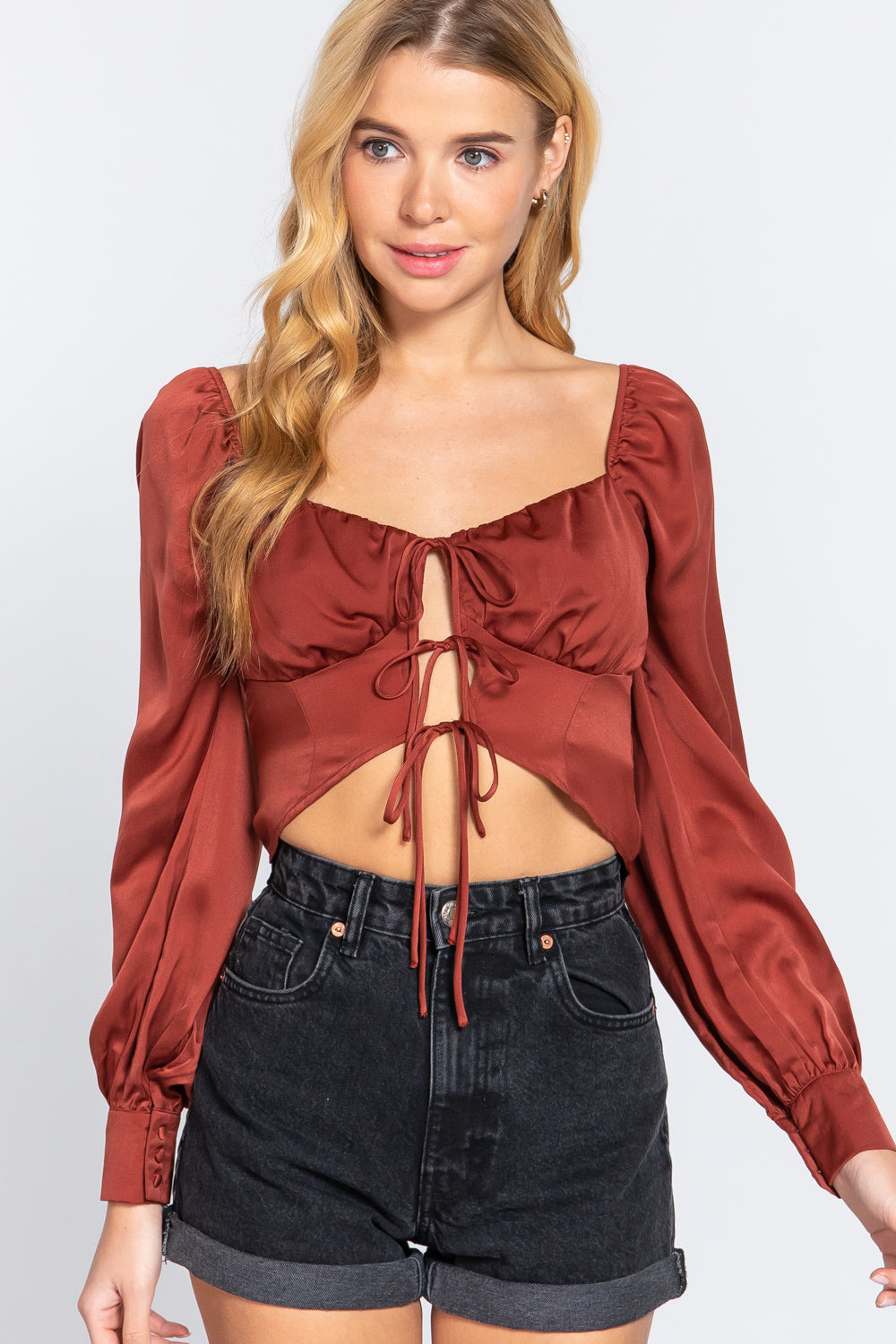 Active Basic Tie Front Cropped Blouses Shirts & Tops RYSE Clothing Co. Rust S 