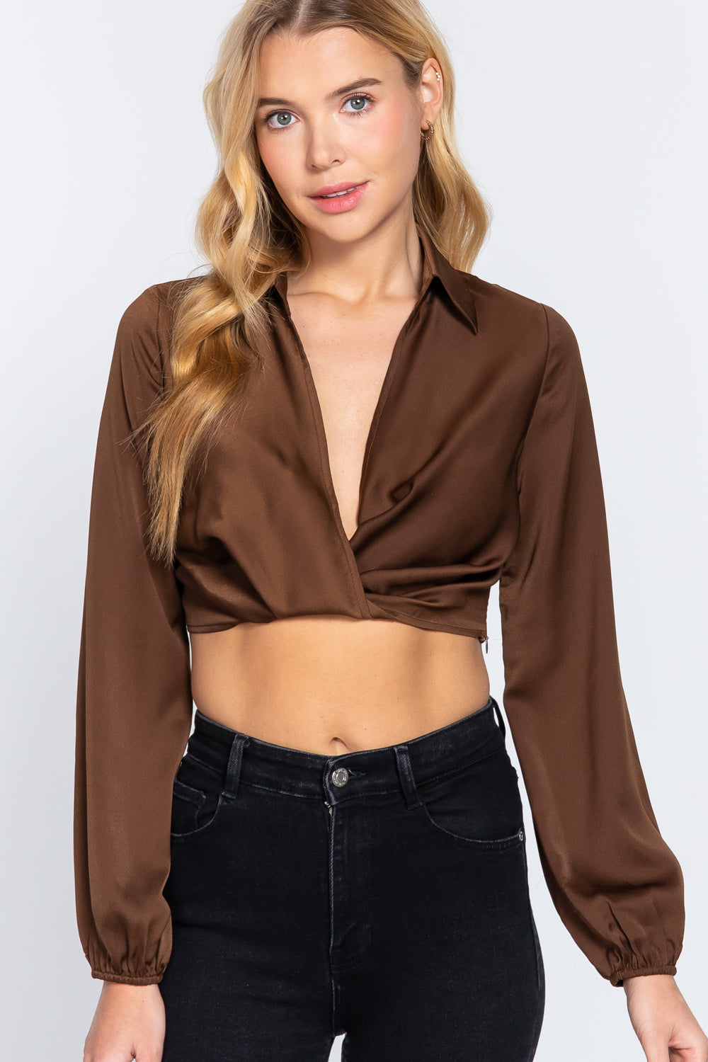Active Basic Notched Collar Cropped Blouse Shirts & Tops RYSE Clothing Co. S Dark Cocoa 