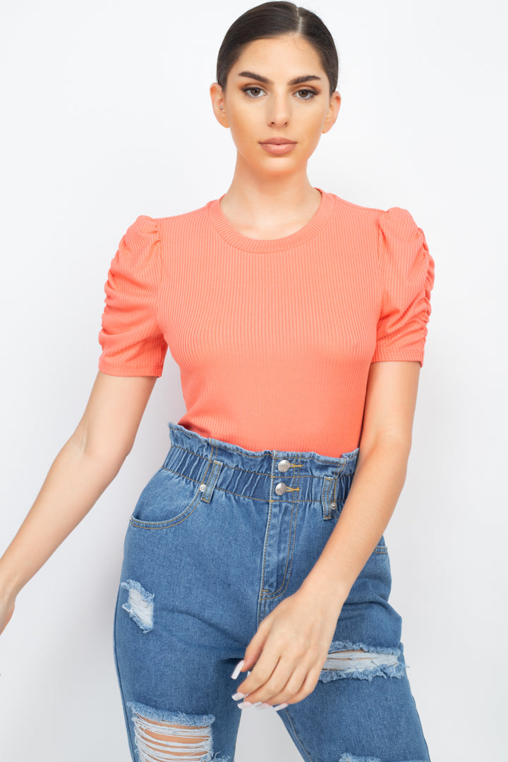 Iris Basic Ruched Sleeve Tee Shirts & Tops RYSE Clothing Co. Baby Coral S 