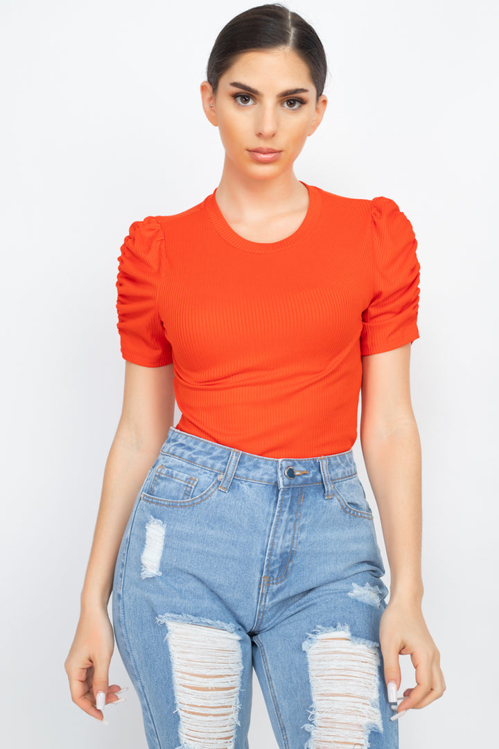 Iris Basic Ruched Sleeve Tee Shirts & Tops RYSE Clothing Co. Tomato Orange S 