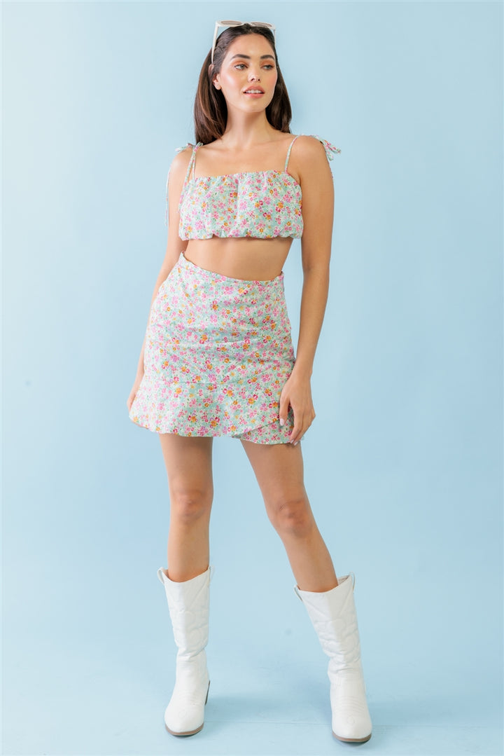 Tasha Apparel Floral Strappy Crop Top & High Waist Wrap Hem Skirt Set  RYSE Clothing Co. S Mint/Fuchsia 