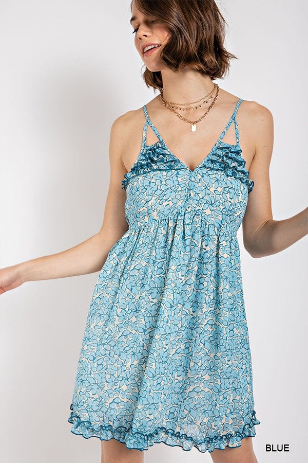 Gigio Floral Ruffle Trim Mini Dress Dresses RYSE Clothing Co. Blue S 