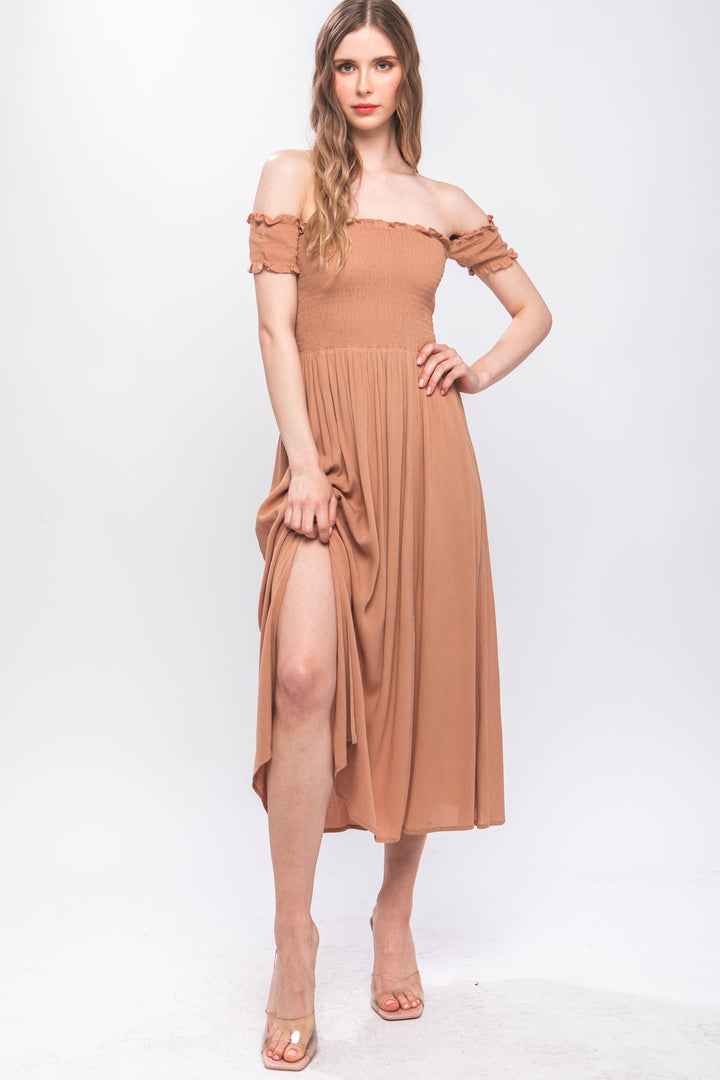 Love Tree Flowy Off Shoulder Midi Dress Dresses RYSE Clothing Co. Clay S 