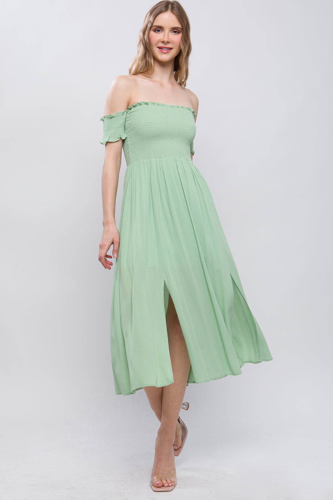 Love Tree Flowy Off Shoulder Midi Dress Dresses RYSE Clothing Co. Celery S 