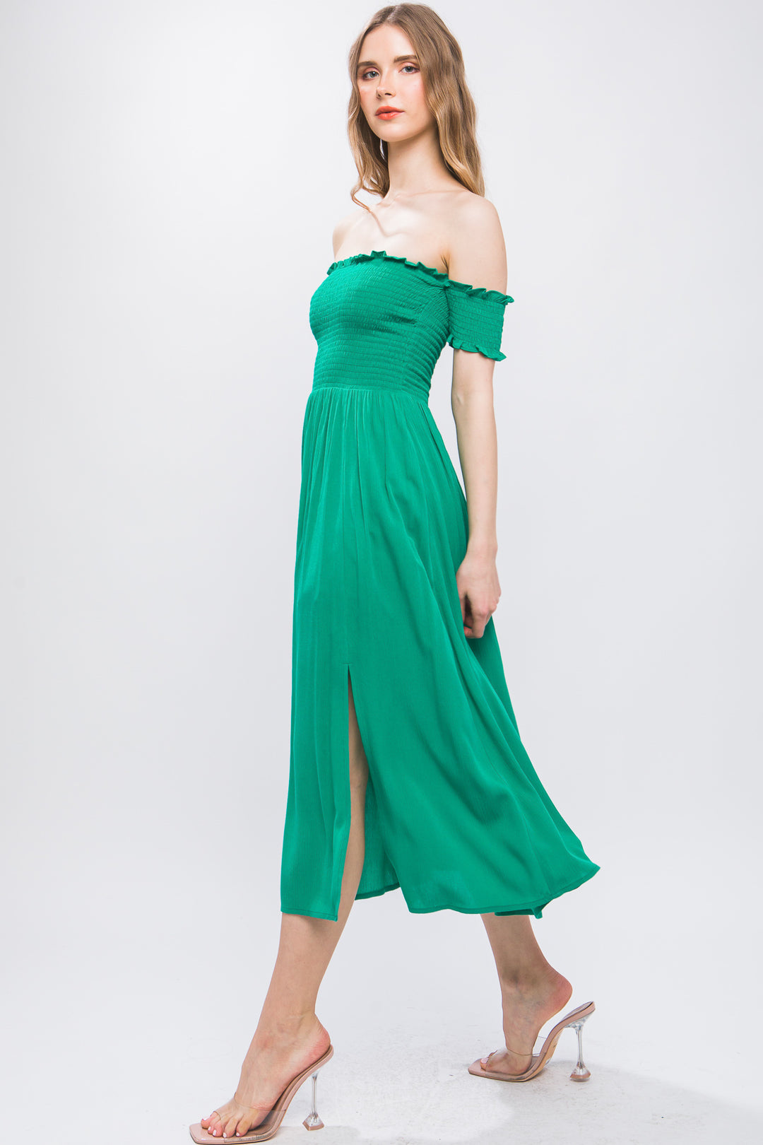 Love Tree Flowy Off Shoulder Midi Dress Dresses RYSE Clothing Co. Kelly Green S 
