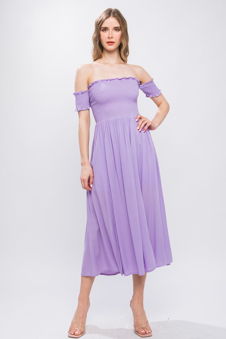 Love Tree Flowy Off Shoulder Midi Dress Dresses RYSE Clothing Co. Lavender S 