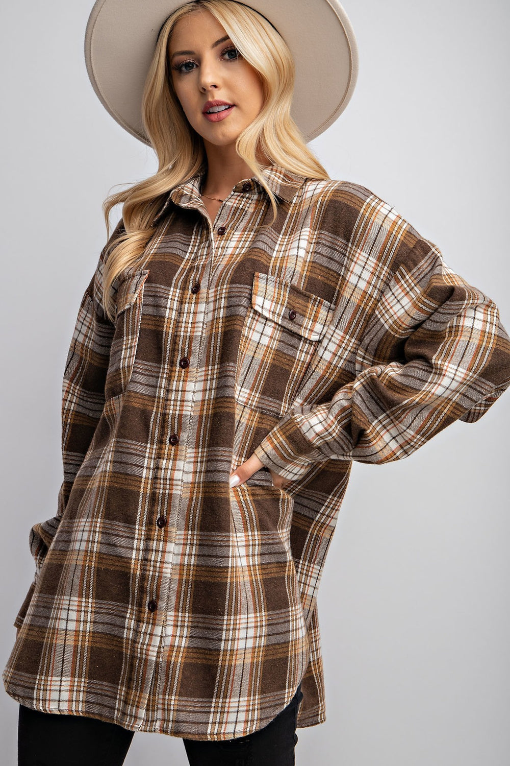 Easel Washed Plaid Button Down Shirt Shirts & Tops RYSE Clothing Co. Camel S 