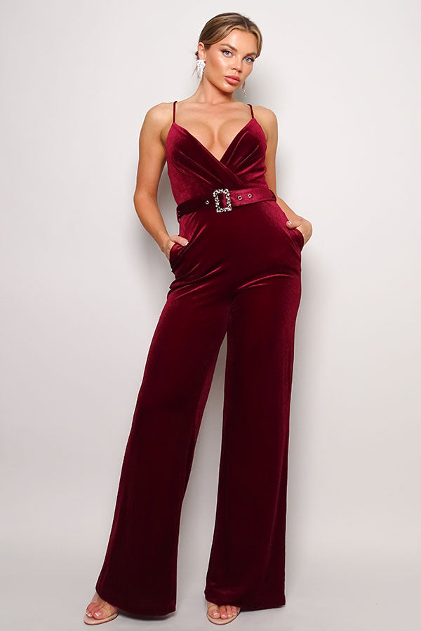 Cefian Belted Velvet Jumpsuit Jumpsuits & Rompers RYSE Clothing Co. Burgundy S 