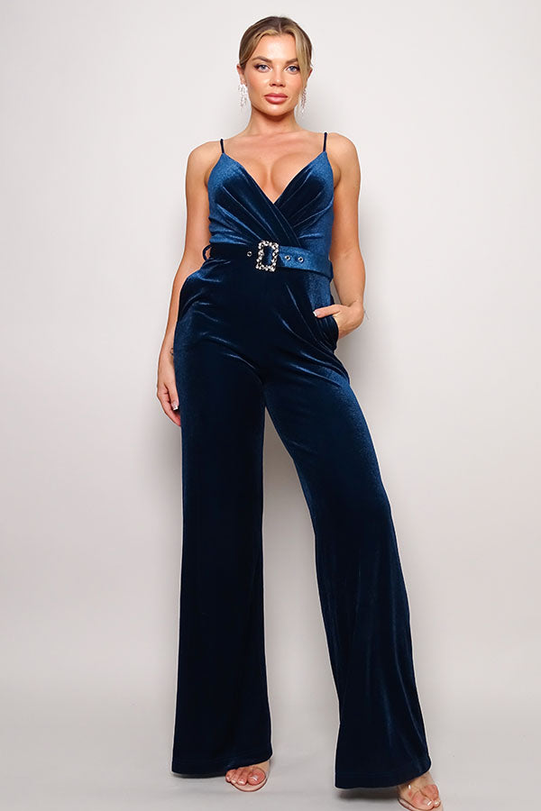 Cefian Belted Velvet Jumpsuit Jumpsuits & Rompers RYSE Clothing Co. Teal S 