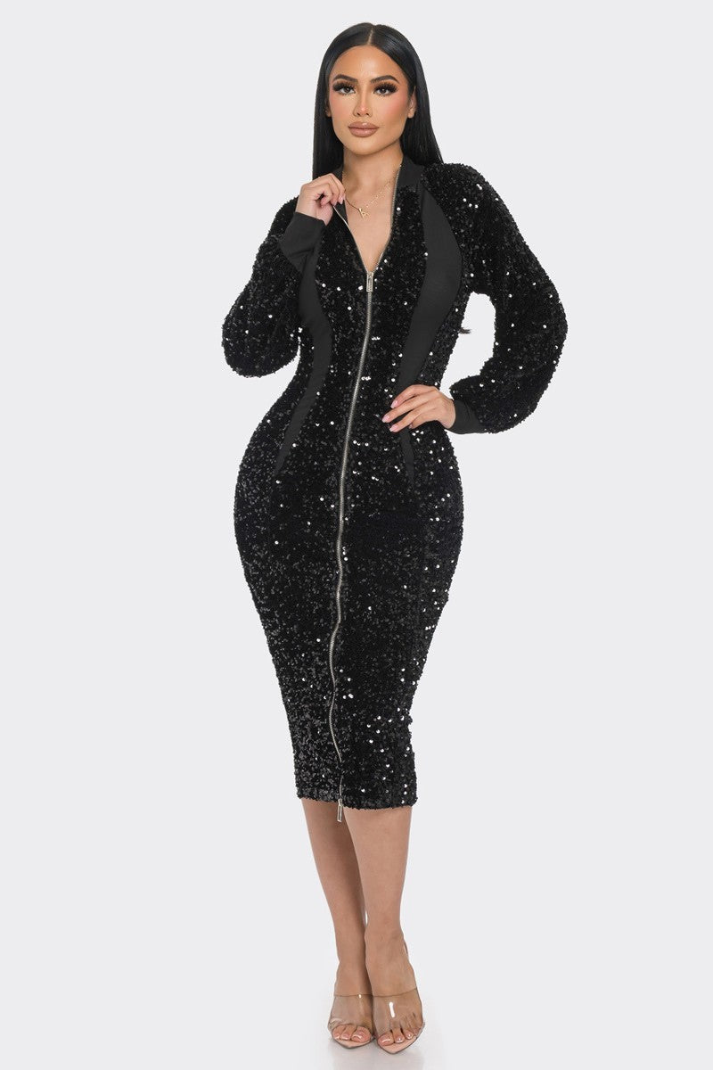 Capsulle Zip Up Sequin Midi Dress Dresses RYSE Clothing Co. Black S 
