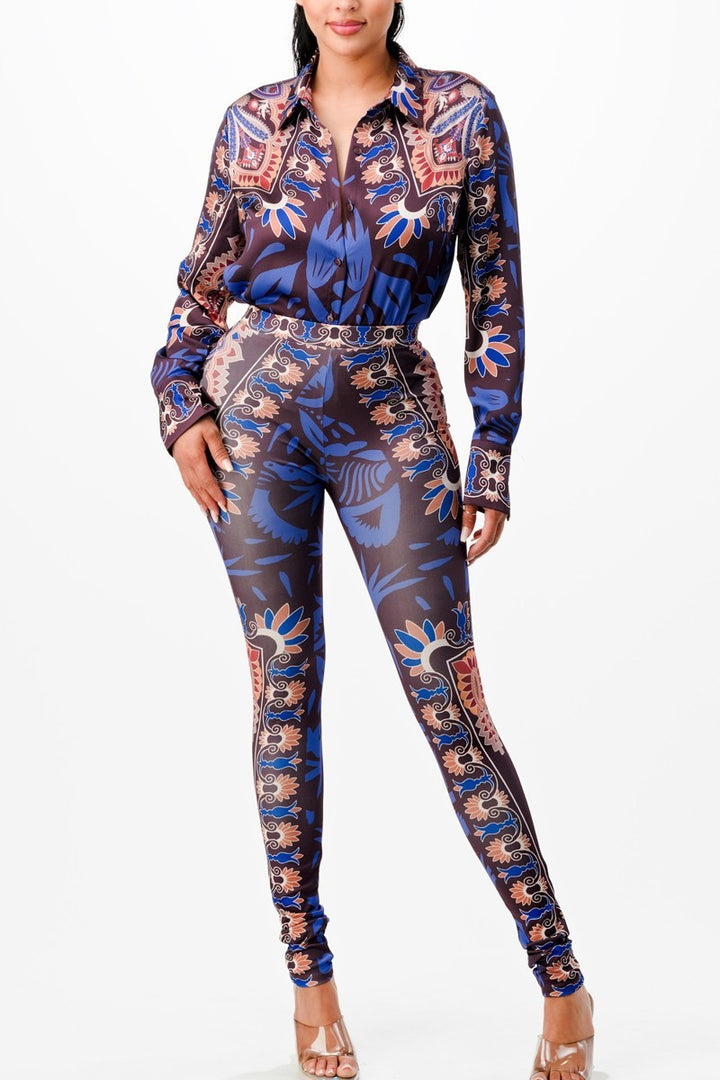 Her Bottari Satin Blouse & Leggings Set Outfit Sets RYSE Clothing Co. Brown/Purple S 