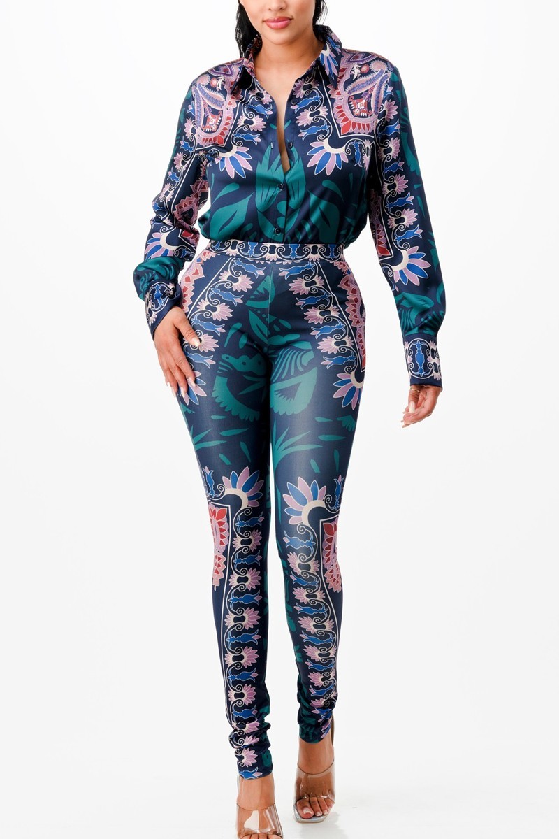 Her Bottari Satin Blouse & Leggings Set Outfit Sets RYSE Clothing Co. Navy/Green S 