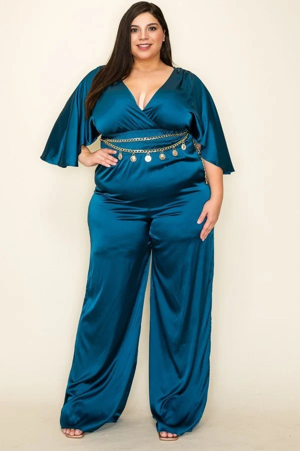 Miss Avenue Satin Smocked Waist Jumpsuit Jumpsuits & Rompers RYSE Clothing Co. Teal 1XL 