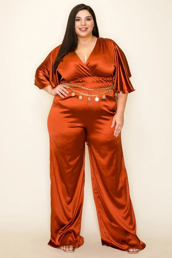 Miss Avenue Satin Smocked Waist Jumpsuit Jumpsuits & Rompers RYSE Clothing Co. Cognac 1XL 