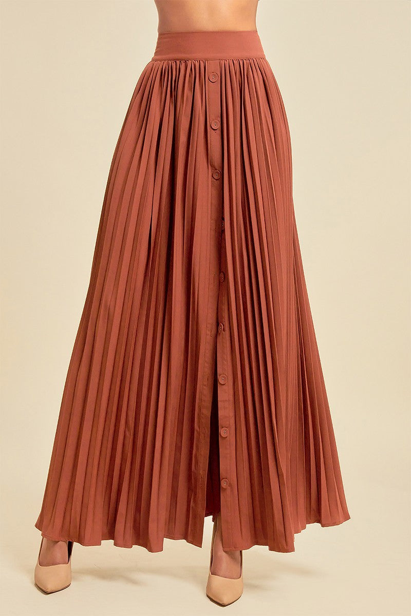 QMP Moda Button Front Pleated Maxi Skirt Skirts RYSE Clothing Co. Brown S 