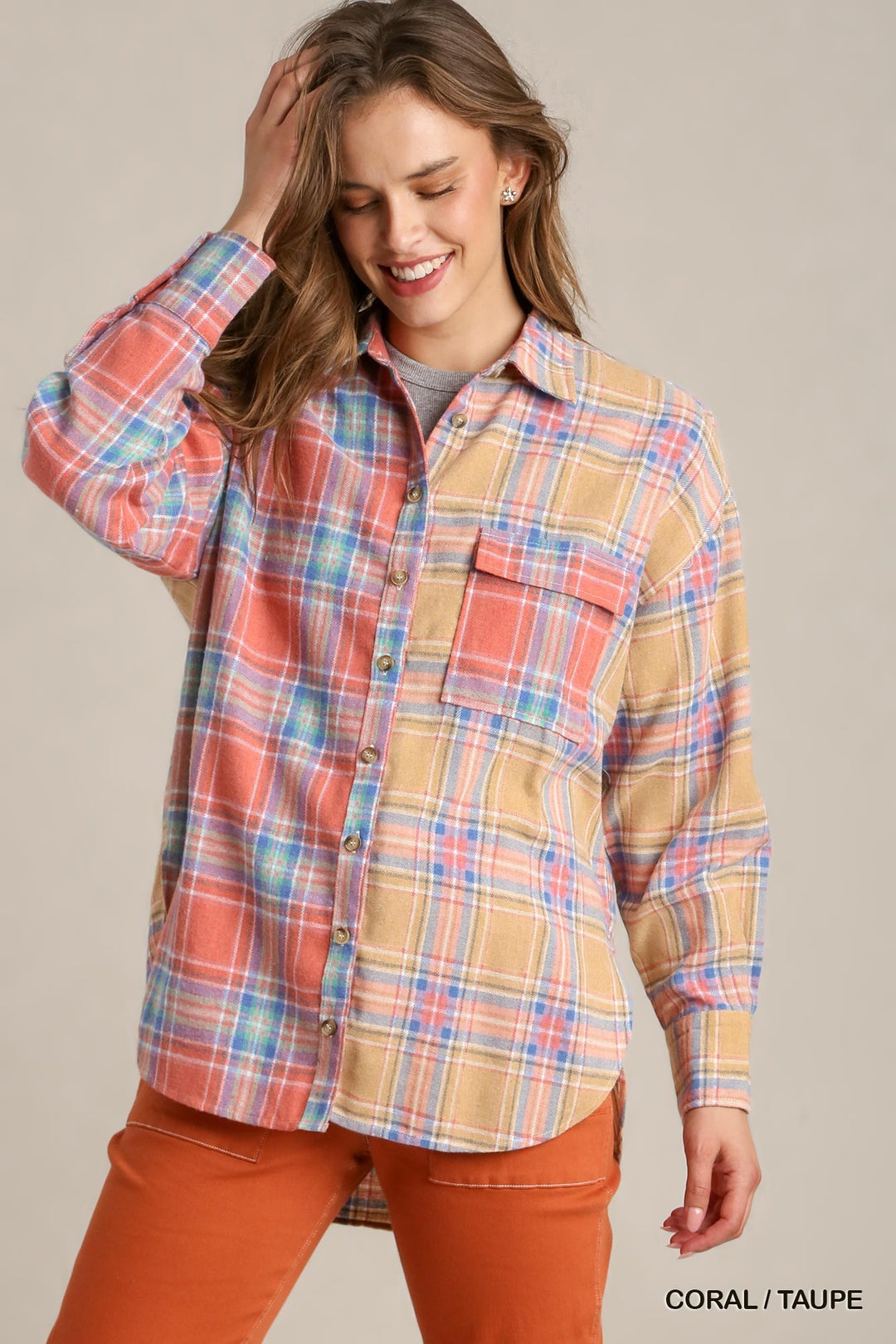 Umgee Mixed Plaid Button Down Flannel Shirt Shirts & Tops RYSE Clothing Co. Coral/Taupe S 