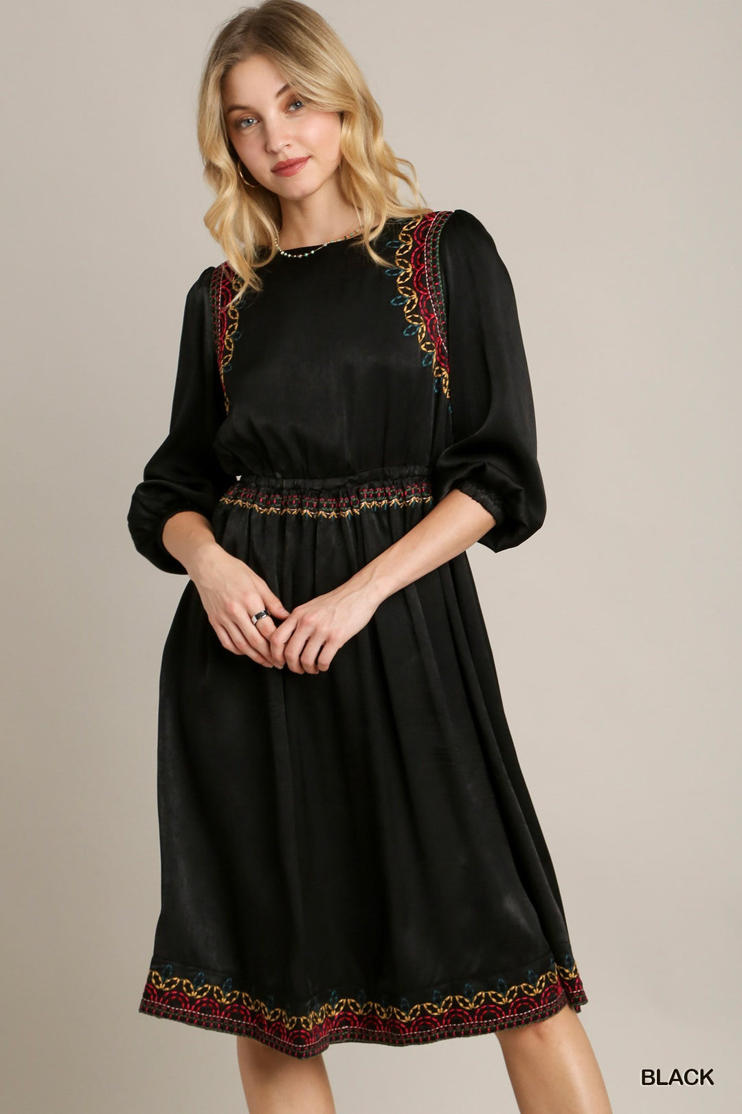 Umgee Satin Embroidered Midi Dress Dresses RYSE Clothing Co. Black S 