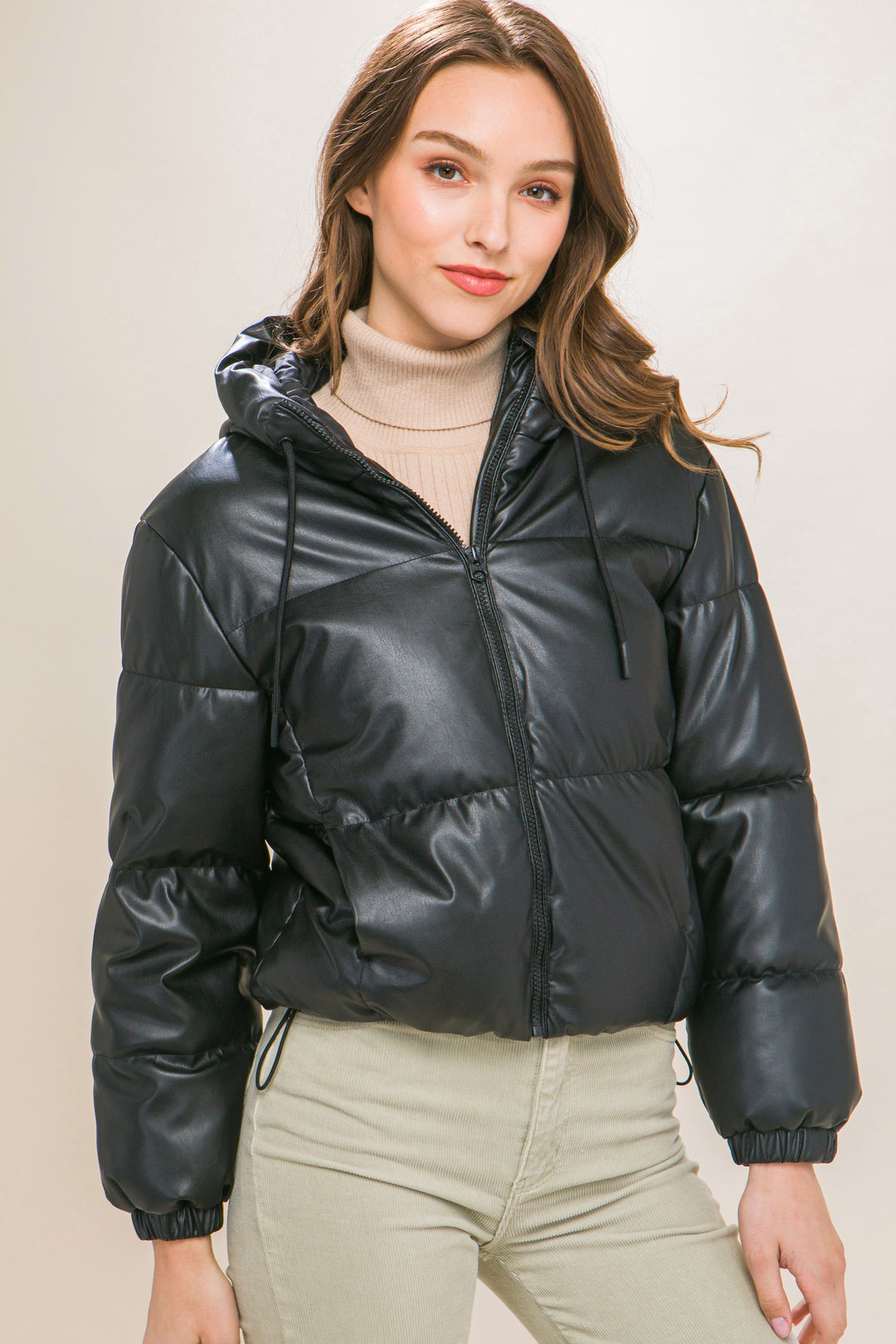 Love Tree Vegan Leather Hooded Puffer Jacket Coats & Jackets RYSE Clothing Co. Black S 