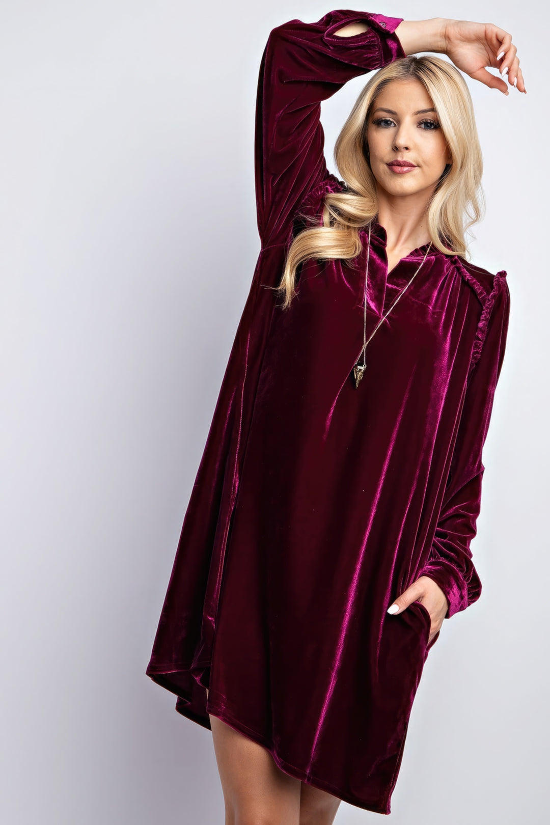 Easel Ruffled Velvet Mini Dress Dresses RYSE Clothing Co. Plum S 
