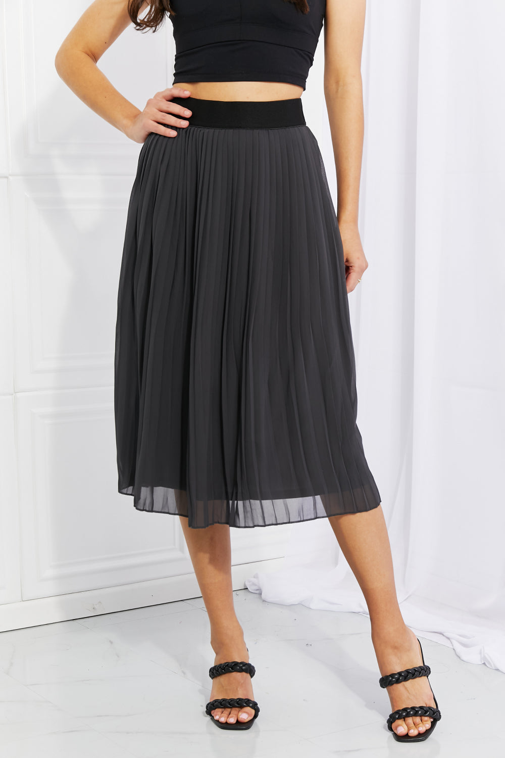 Zenana Pleated Chiffon Midi Skirt Knee-Length Skirts RYSE Clothing Co. Dark Gray S 